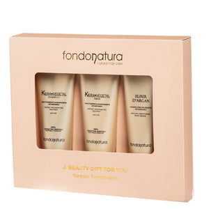 Omnia Kera vegetal. Atkuriamasis ritualas pažeistiems plaukams – šampūnas, kaukė ir argano eliksyras mini dydžiais, profesionali plaukų priežiūra namams