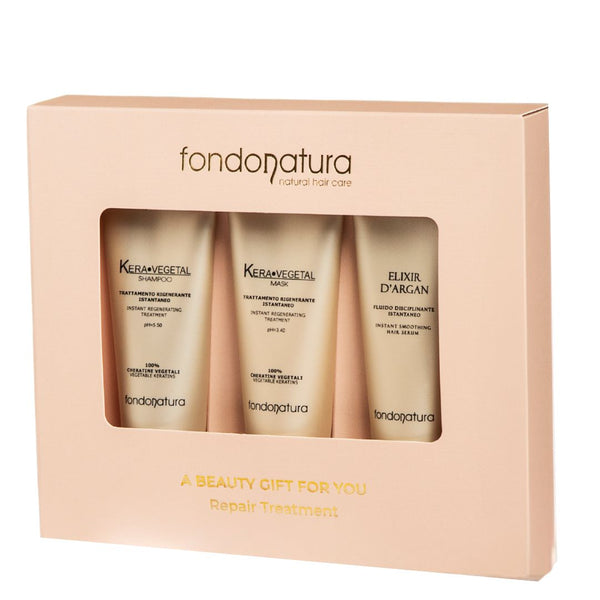 Omnia Kera vegetal. Atkuriamasis ritualas pažeistiems plaukams – šampūnas, kaukė ir argano eliksyras mini dydžiais, profesionali plaukų priežiūra namams