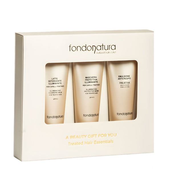Dovanų rinkinys dažytiems plaukams valomasis pienelis, maitinamoji kaukė ir antifrizinė emulsija mini dydžiais, profesionali plaukų priežiūra namams.