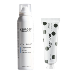Oxygen & Moisture odos priežiūros rinkinys – KSurgery Oxygen Shield O2 Bubble Power kūno putos ir Duft & Doft Sage Leaf Niche rankų kremas, drėkinimas ir atgaivinimas