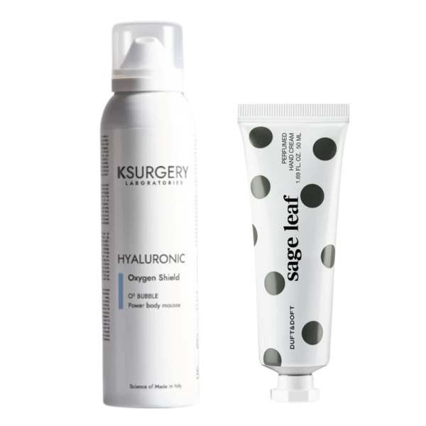 Oxygen & Moisture odos priežiūros rinkinys – KSurgery Oxygen Shield O2 Bubble Power kūno putos ir Duft & Doft Sage Leaf Niche rankų kremas, drėkinimas ir atgaivinimas