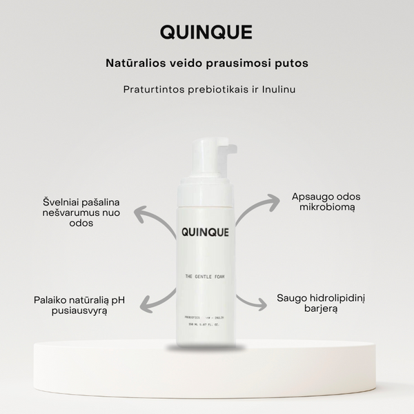 QuinQue The Gentle Foam veido prausimosi putos su prebiotikais
švelniai pašalina nešvarumus nuo odos, jos neišsausindamos, saugo odos mikrobiomą 150ml.