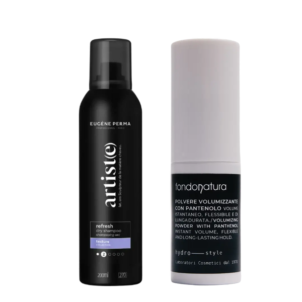 Refresh & Go plaukų atgaivinimo ir apimties rinkinys – Artist(e) Refresh Dry sausas šampūnas ir Fondonatura Volumizing Powder, be plovimo