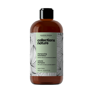 Eugène Perma Collections Nature Volume Shampoo butelis, skirtas ploniems plaukams arba plaukams, kuriems trūksta tankumo. Permatomas rudas butelis su juodu dangteliu, žalios spalvos etikete ir minimalistiniu augalų piešiniu fone. Butelio talpa – 300 ml (10.14 fl.oz), pagamintas Prancūzijoje