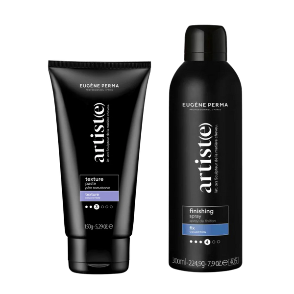 Eugene Perma Artist(e) Texture trumpų plaukų modeliuojamoji pasta ir Finishing Spray purškiklis – vyrų stiliaus rinkinys šukuosenos formavimui ir fiksacijai