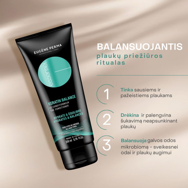 Eugene Perma Essentiel Keratin balance kondicionierius 200ml indelyje.