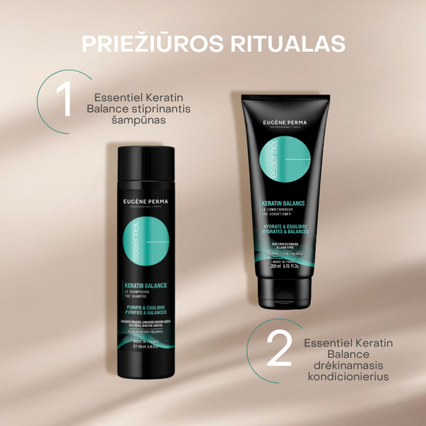 Rinkinys Eugene Perma Essentiel Keratin balance kondicionierius 200ml indelyje ir šampūnas 250ml.