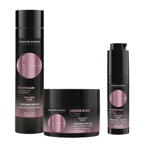 Keratino švytėjimo ritualas – šampūnas, kaukė ir serumas natūraliam plaukų blizgesiui