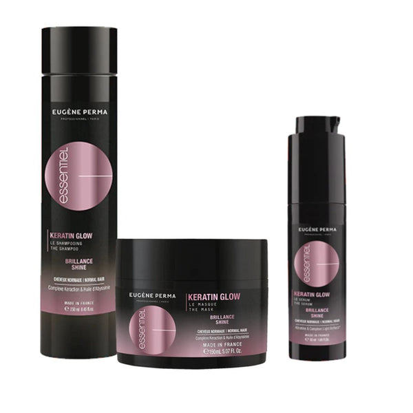 Keratino švytėjimo ritualas – šampūnas, kaukė ir serumas natūraliam plaukų blizgesiui